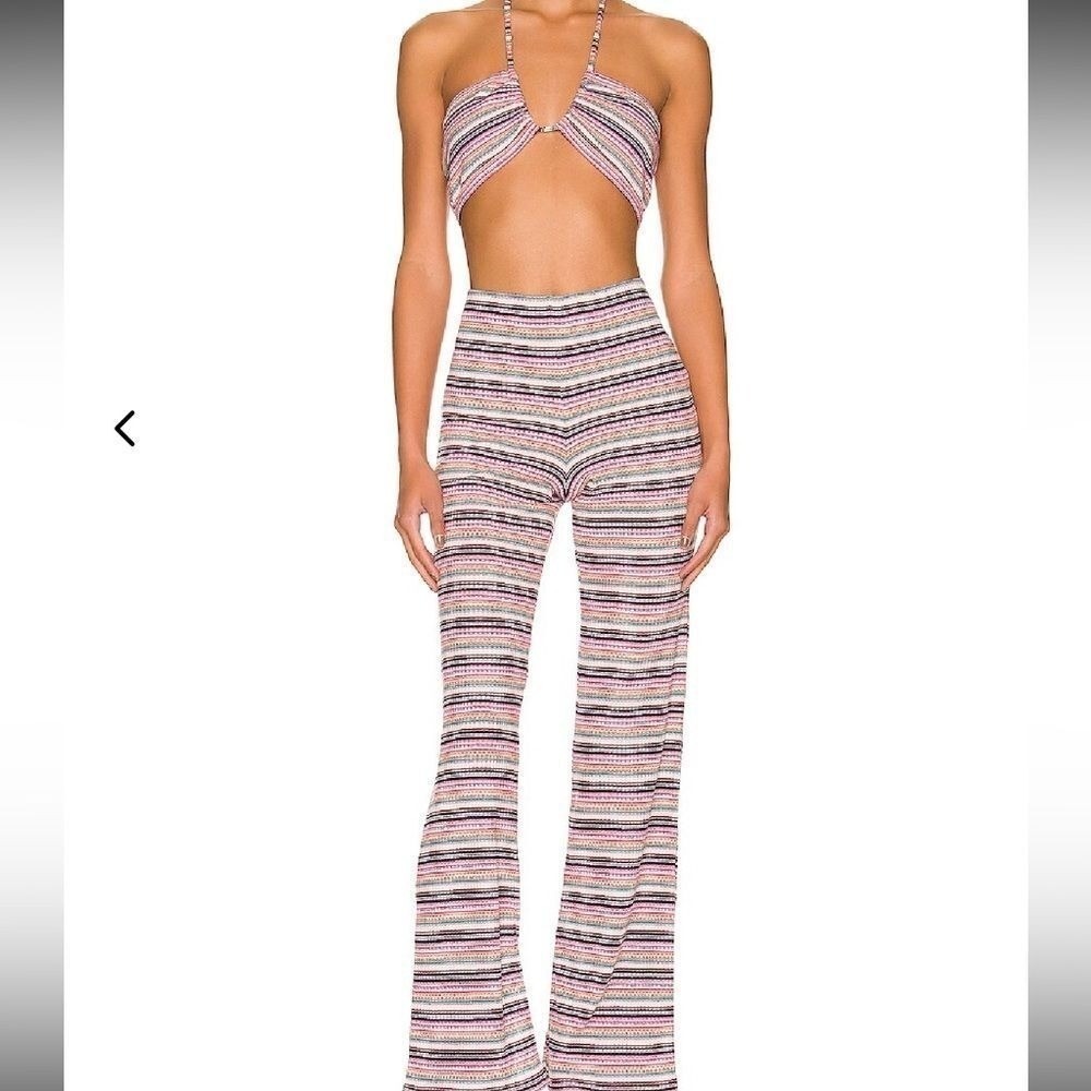 Lovers‎ and Friends Multi Stripe Ribbed Knit Halter Top and Flare Pants Set L